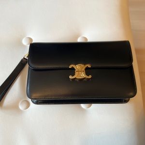 Celine Black Leather Wristlet/Clutch with Gold Hardware